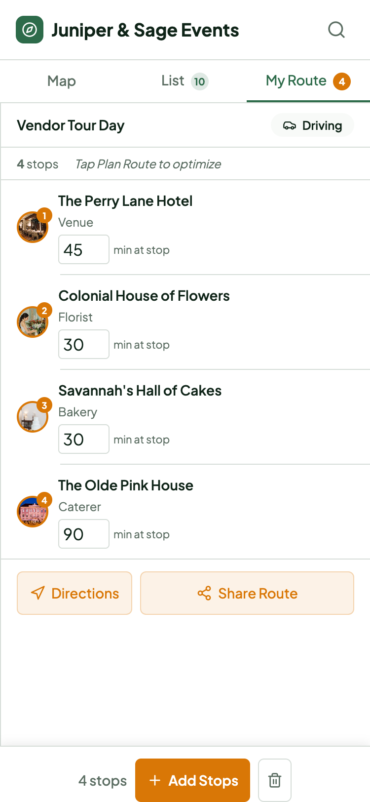 Juniper & Sage vendor tour route